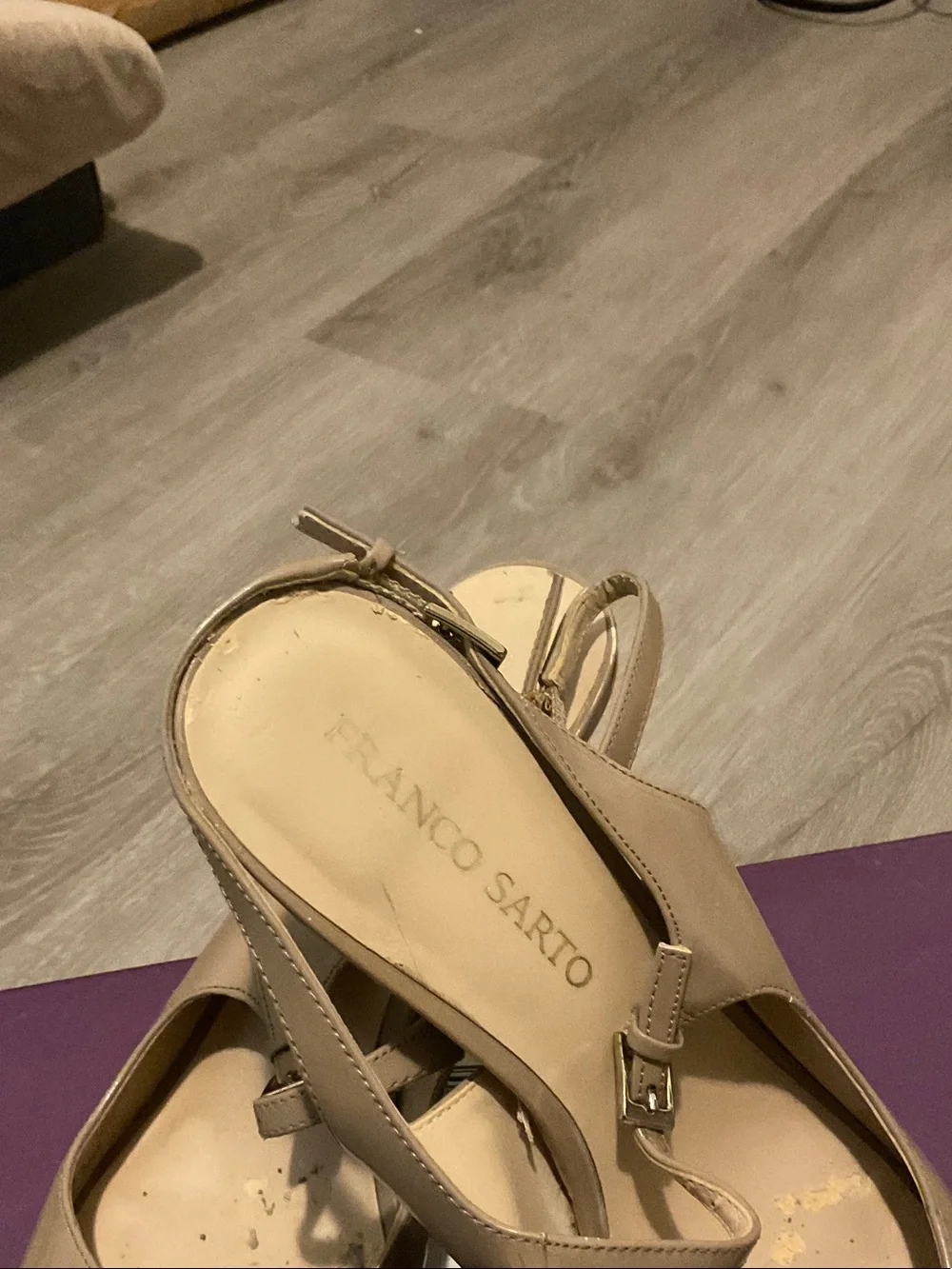Franco Sarto Beige Patent Peep-Toe Slingback Heels